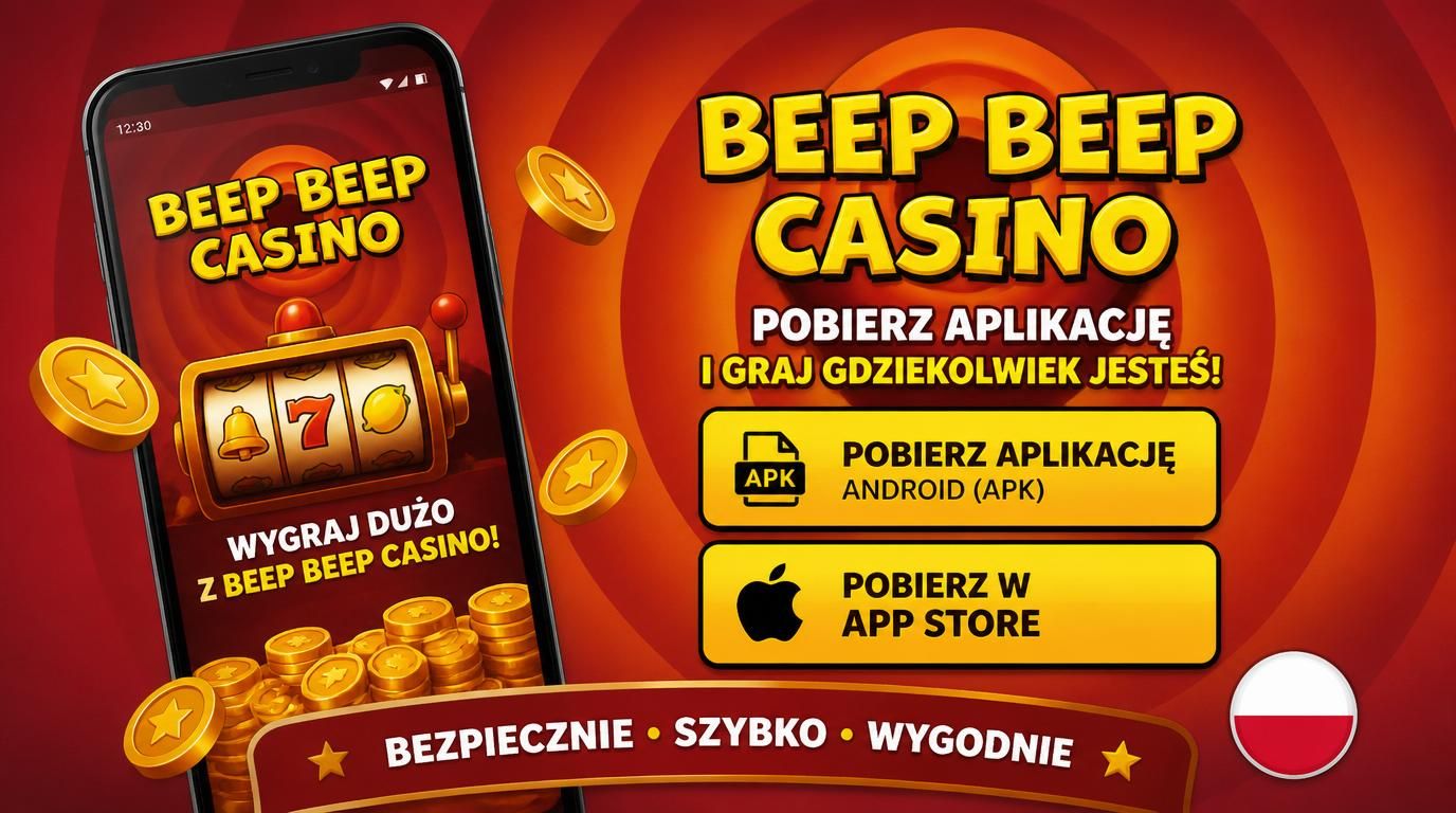Interfejs smartfona z opcją „Pobierz aplikację Beep Beep Casino na Androida i iOS”