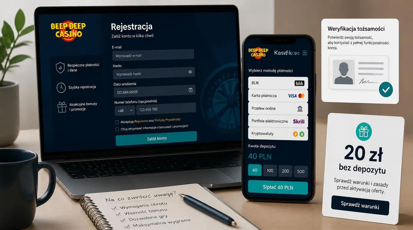Ekran rejestracji, kasa z metodami płatności i etap weryfikacji tożsamości KYC