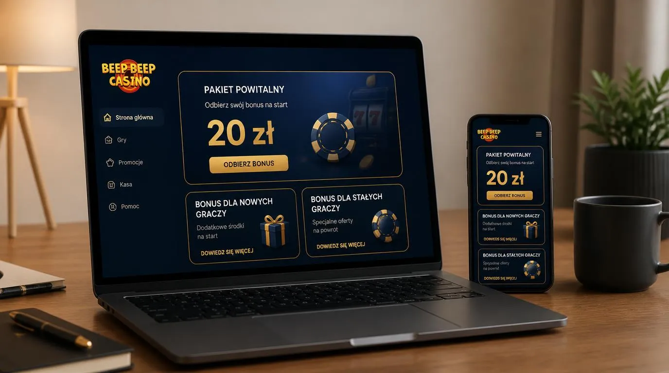 Laptop z widoczną ofertą 20 zł bez depozytu i kartami bonusów dla nowych oraz stałych graczy