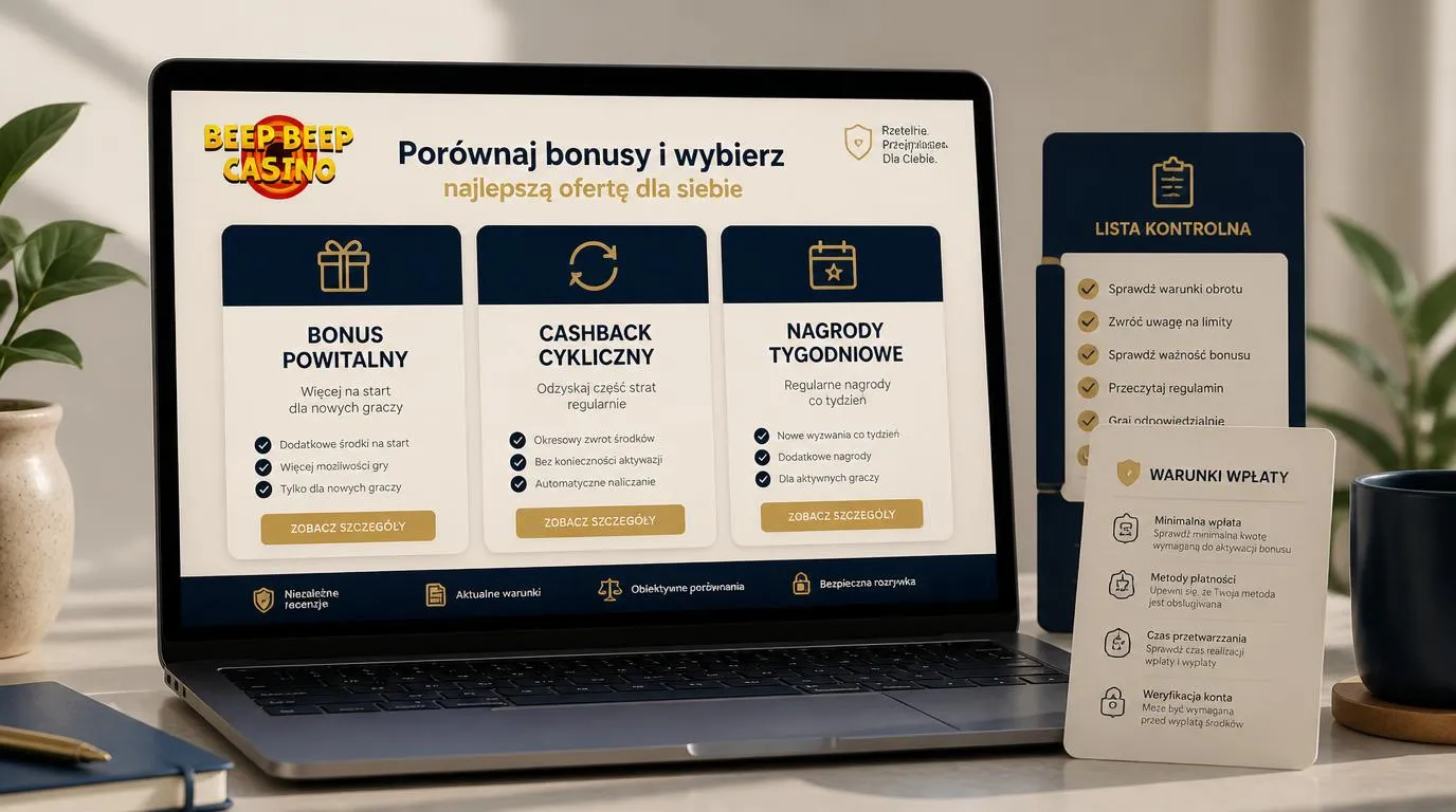 Ekran z porównaniem bonusu powitalnego, cashbacku i nagród tygodniowych oraz kartą warunków depozytu
